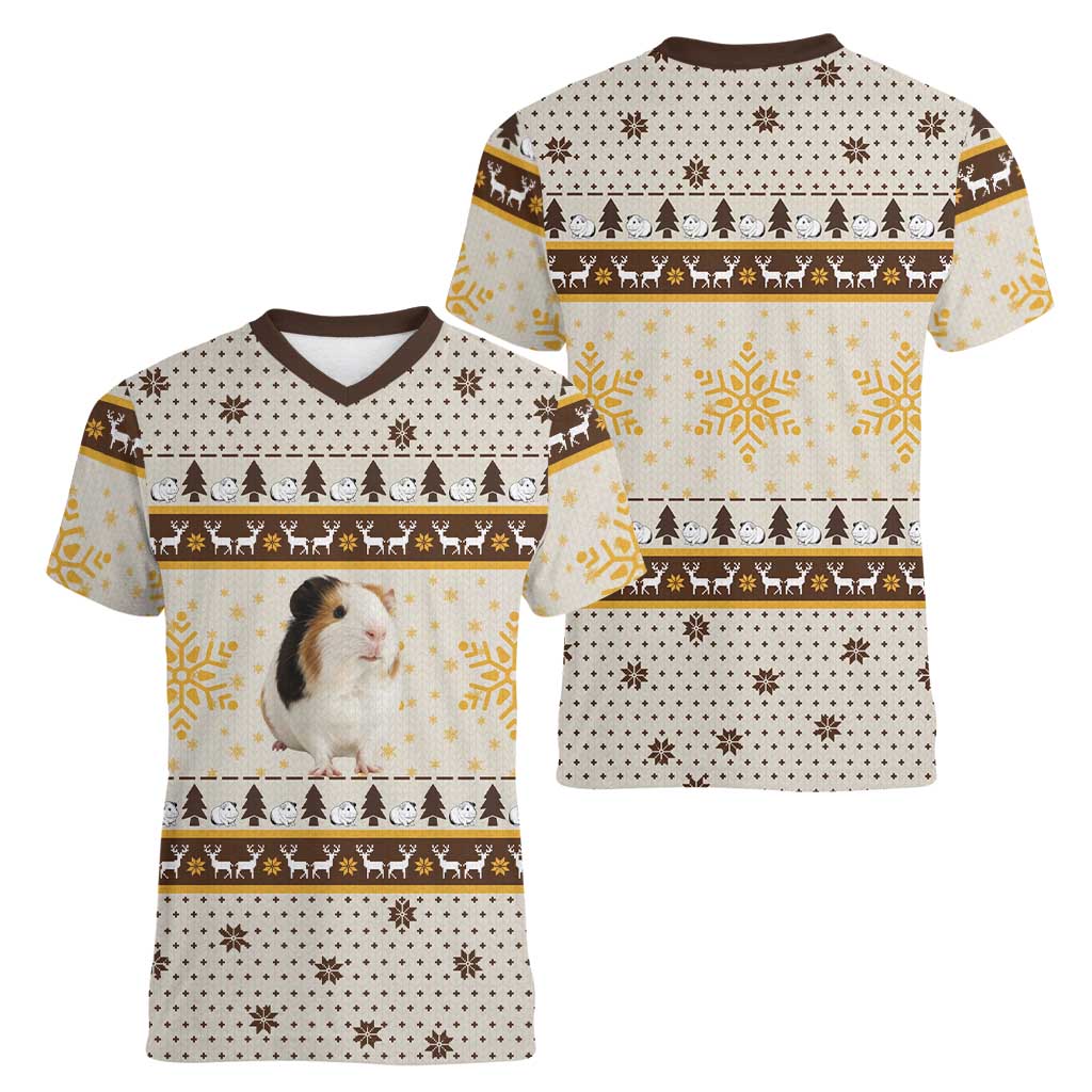 Guinea Pig Christmas Women V-Neck T-Shirt with Snowflakes Trees and Reindeer Pattern - Wonder Print Shop