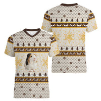Guinea Pig Christmas Women V-Neck T-Shirt with Snowflakes Trees and Reindeer Pattern - Wonder Print Shop