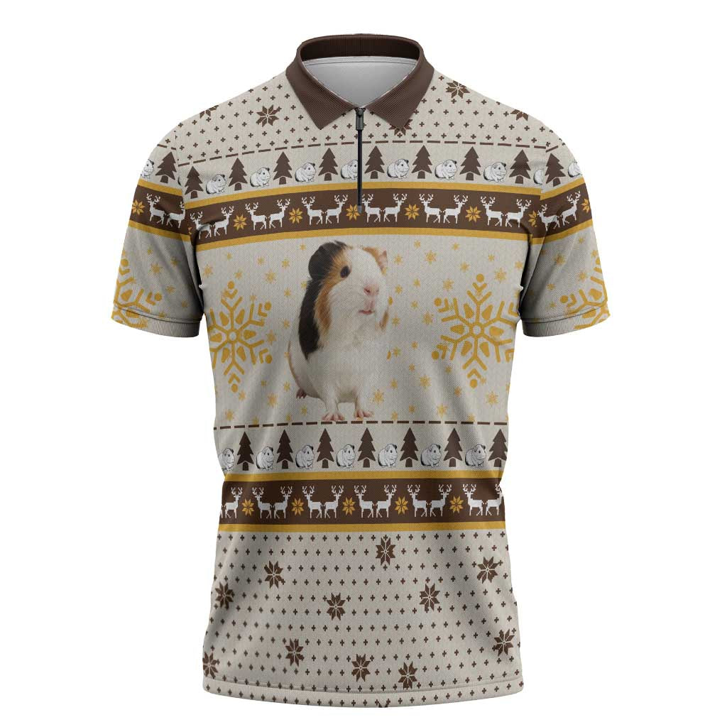 Guinea Pig Christmas Zipper Polo Shirt with Snowflakes Trees and Reindeer Pattern - Wonder Print Shop