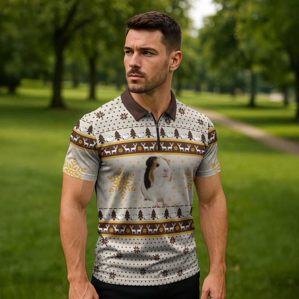 Guinea Pig Christmas Zipper Polo Shirt with Snowflakes Trees and Reindeer Pattern - Wonder Print Shop
