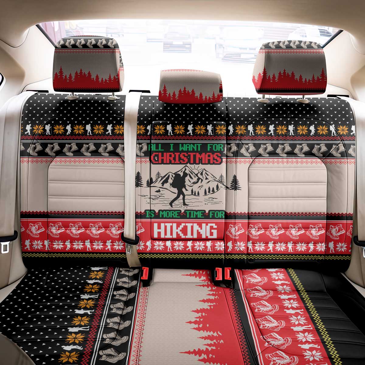 Hiking Christmas Back Car Seat Cover with Mountains Trees and Winter Holiday Pattern - Wonder Print Shop