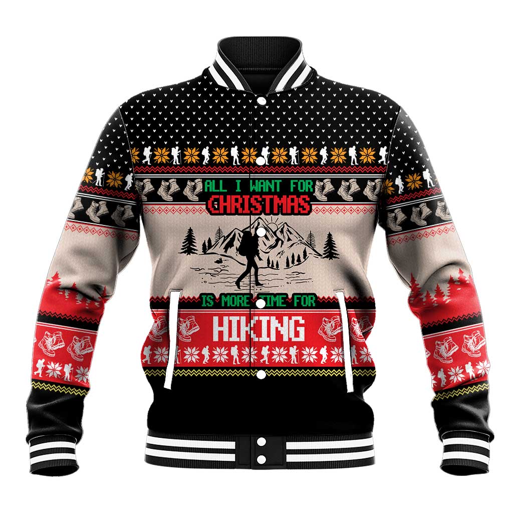 Hiking Christmas Baseball Jacket with Mountains Trees and Winter Holiday Pattern - Wonder Print Shop