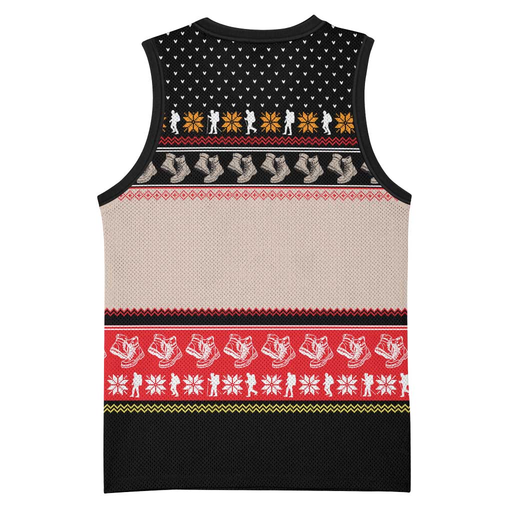 Hiking Christmas Basketball Jersey with Mountains Trees and Winter Holiday Pattern - Wonder Print Shop