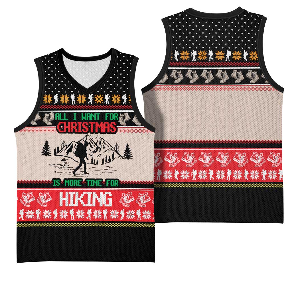 Hiking Christmas Basketball Jersey with Mountains Trees and Winter Holiday Pattern - Wonder Print Shop