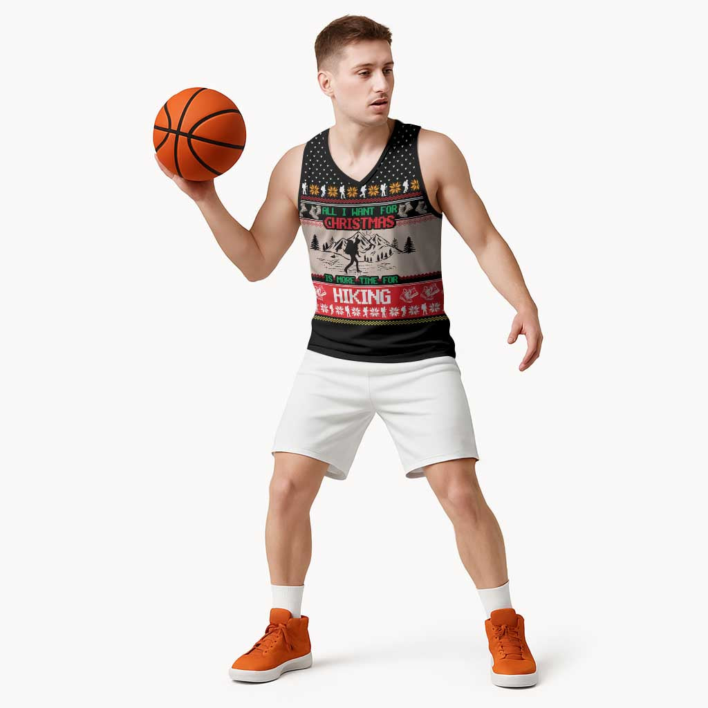 Hiking Christmas Basketball Jersey with Mountains Trees and Winter Holiday Pattern - Wonder Print Shop