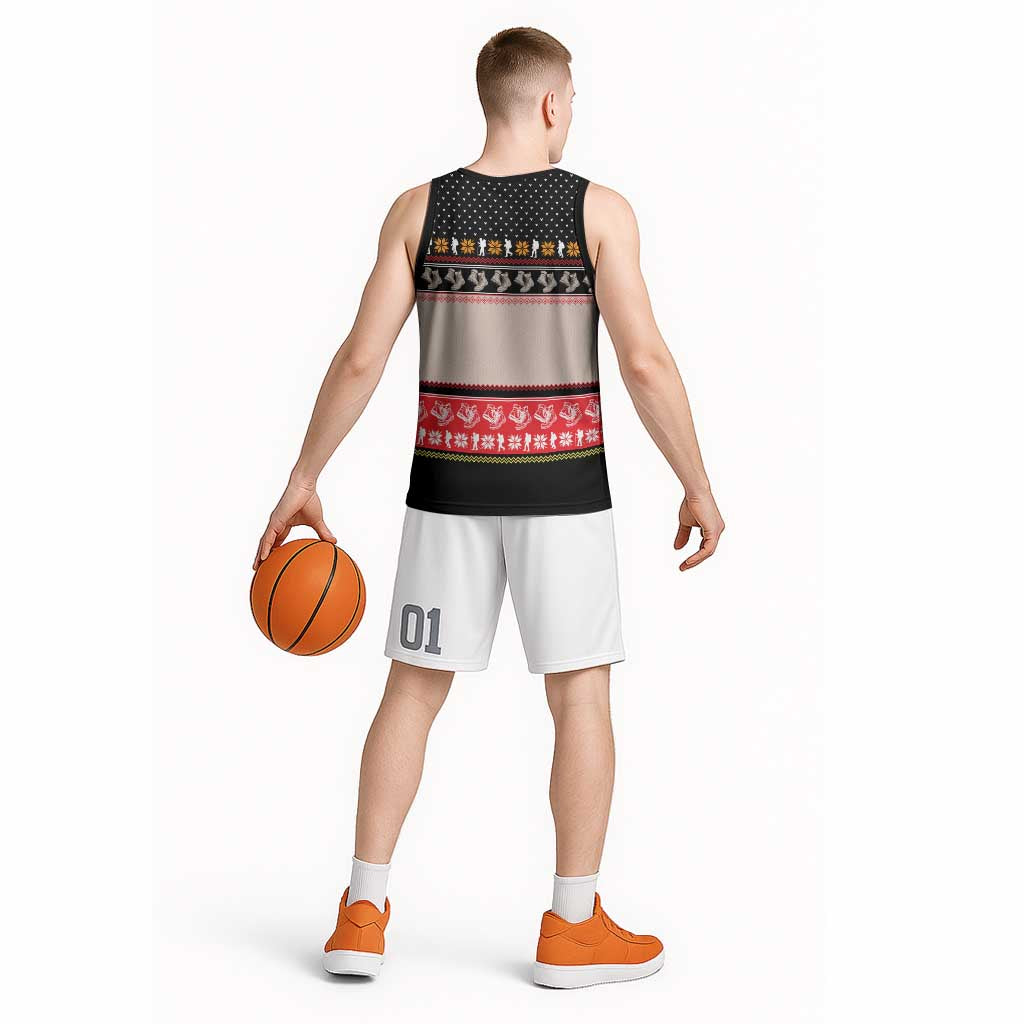 Hiking Christmas Basketball Jersey with Mountains Trees and Winter Holiday Pattern - Wonder Print Shop