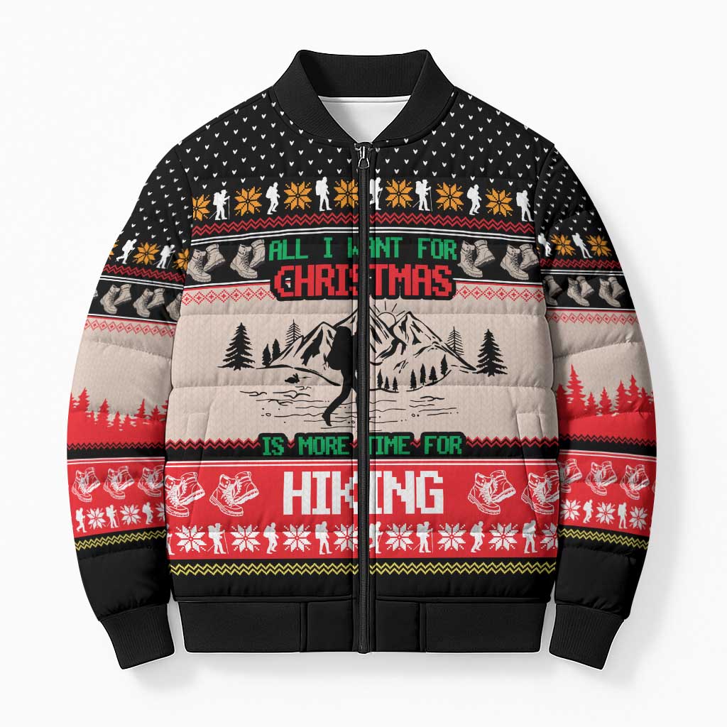 Hiking Christmas Bomber Puffer Jacket with Mountains Trees and Winter Holiday Pattern - Wonder Print Shop