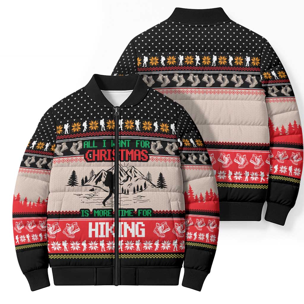 Hiking Christmas Bomber Puffer Jacket with Mountains Trees and Winter Holiday Pattern - Wonder Print Shop