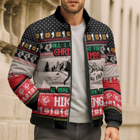 Hiking Christmas Bomber Puffer Jacket with Mountains Trees and Winter Holiday Pattern - Wonder Print Shop