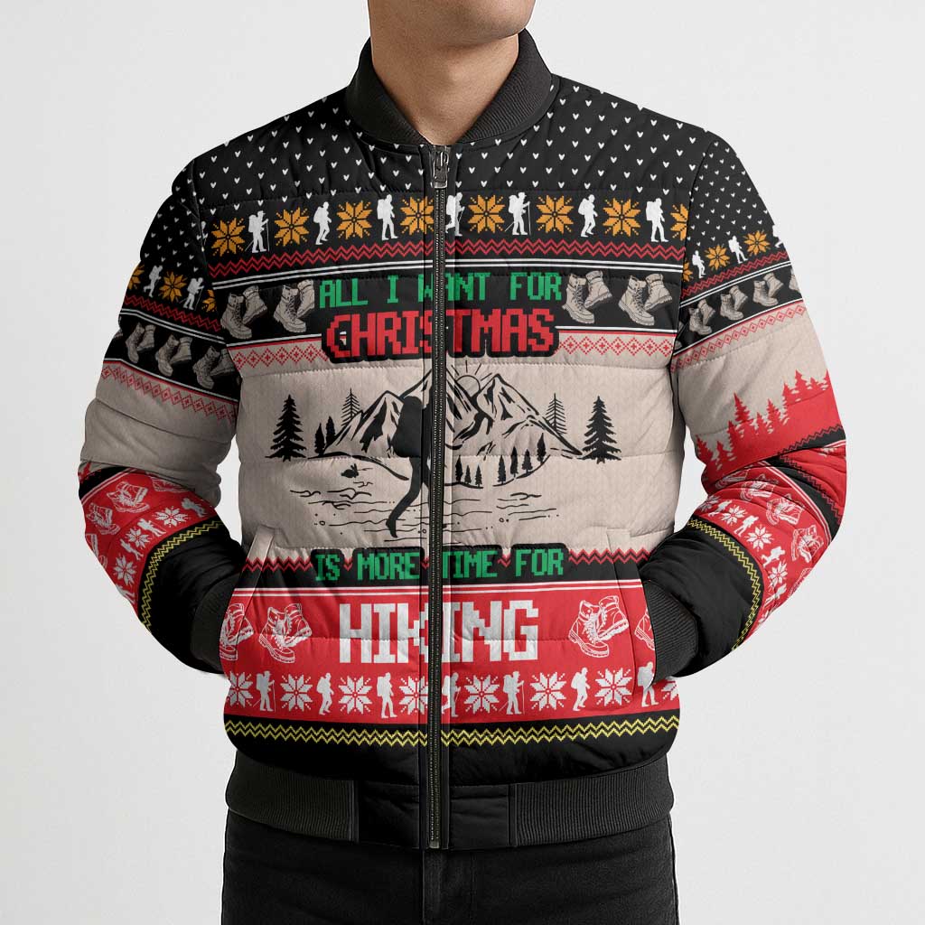 Hiking Christmas Bomber Puffer Jacket with Mountains Trees and Winter Holiday Pattern - Wonder Print Shop