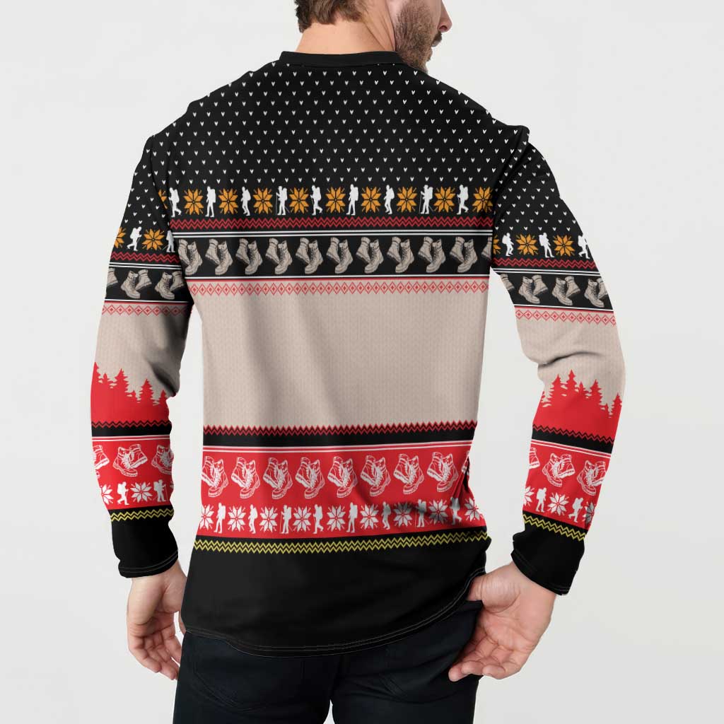 Hiking Christmas Button Sweatshirt with Mountains Trees and Winter Holiday Pattern - Wonder Print Shop
