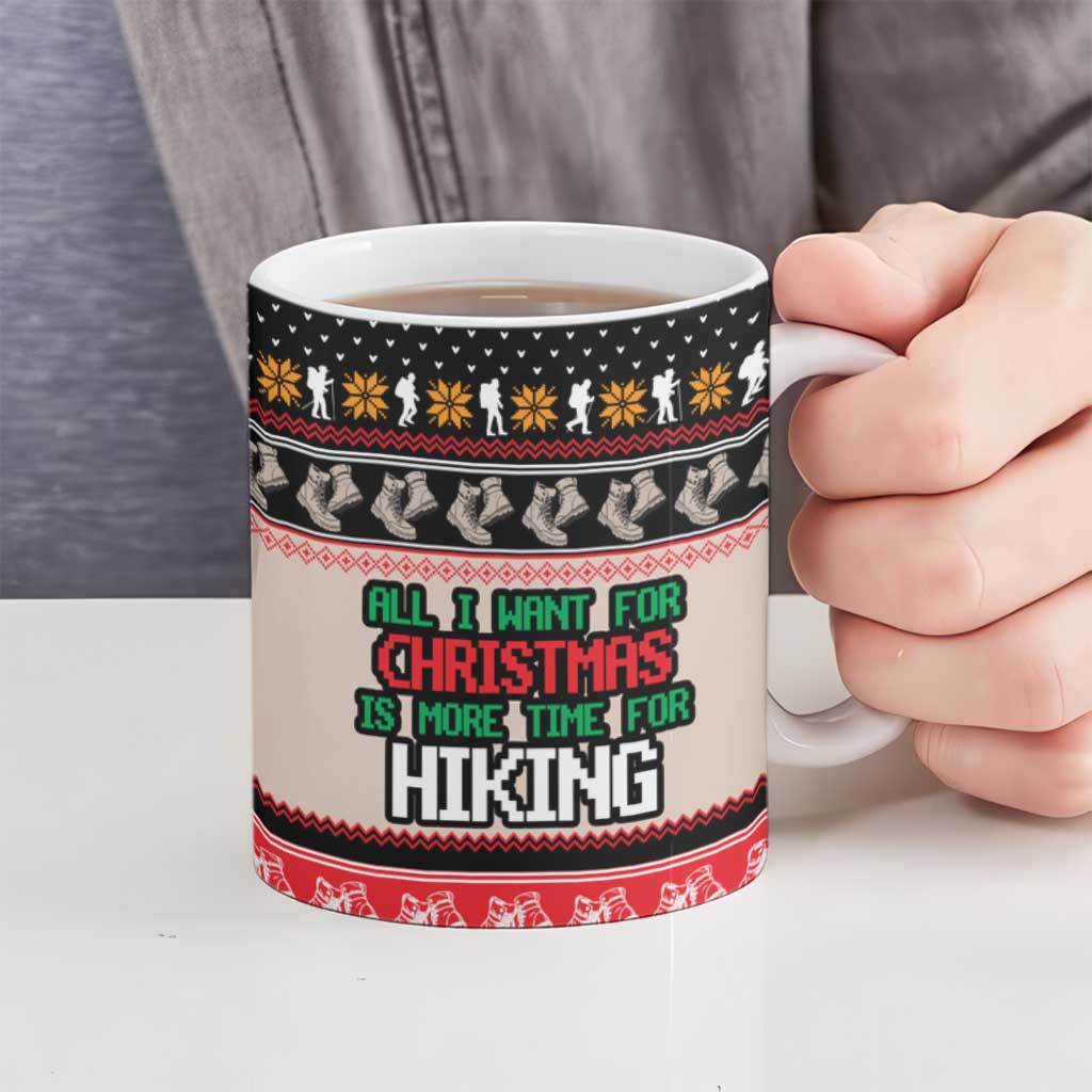 Hiking Christmas Ceramic Mug with Mountains Trees and Winter Holiday Pattern - Wonder Print Shop
