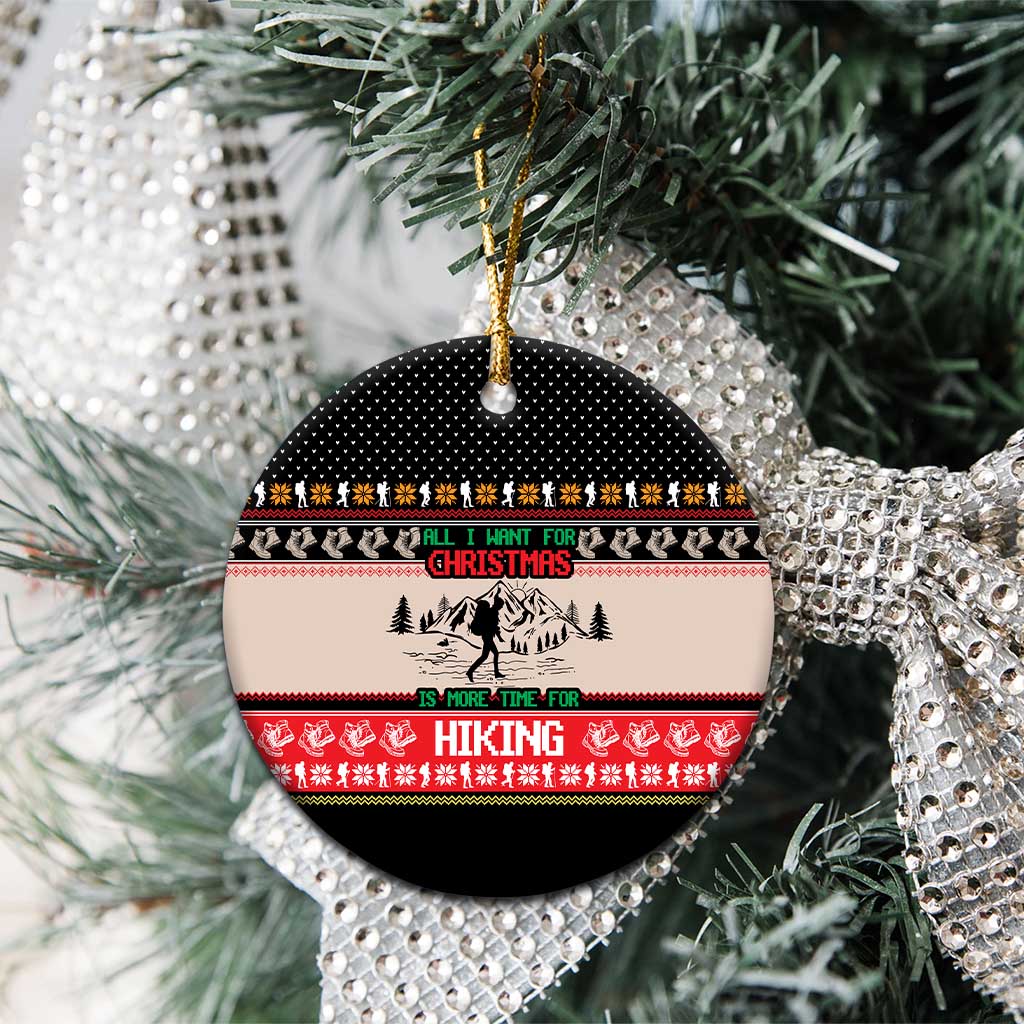 Hiking Christmas Ceramic Ornament with Mountains Trees and Winter Holiday Pattern - Wonder Print Shop