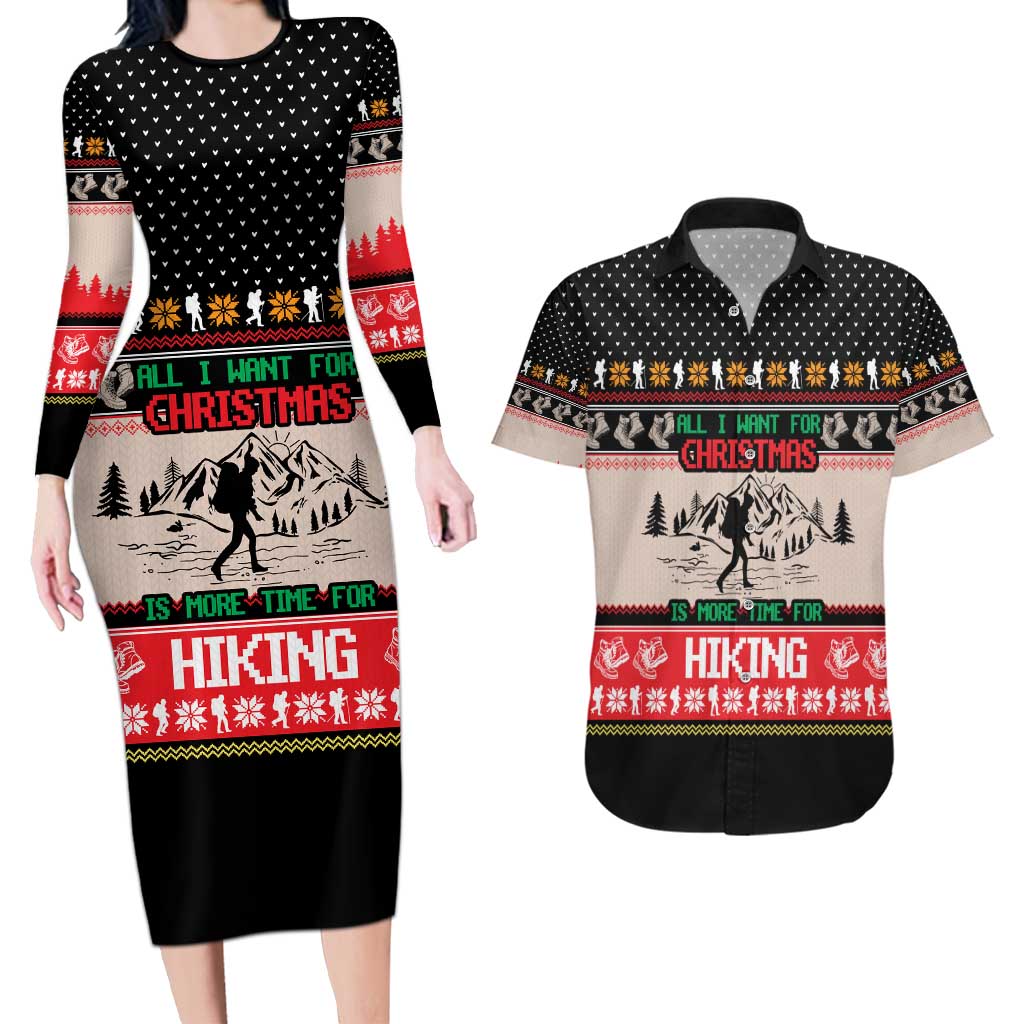 Hiking Christmas Couples Matching Long Sleeve Bodycon Dress and Hawaiian Shirt with Mountains Trees and Winter Holiday Pattern - Wonder Print Shop
