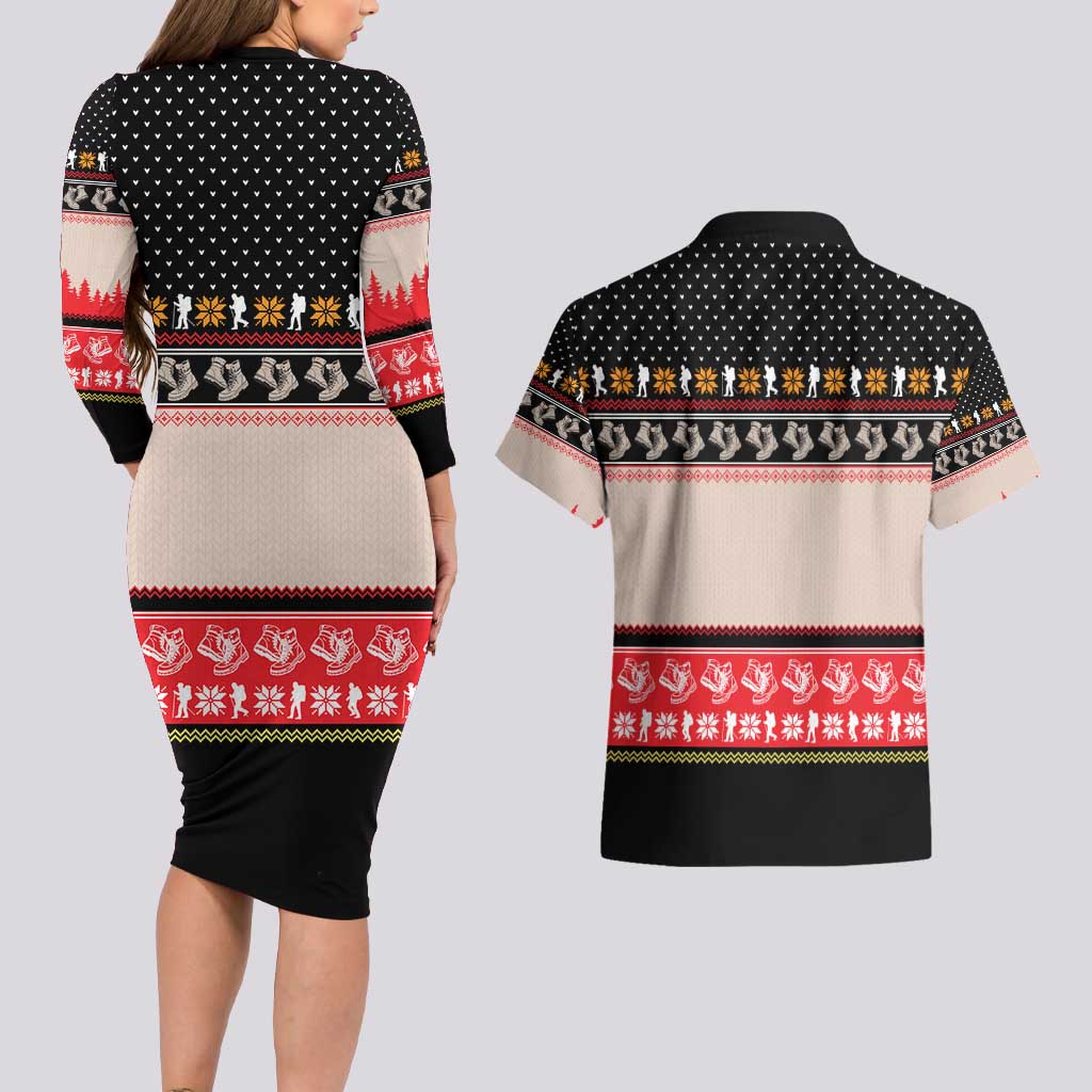 Hiking Christmas Couples Matching Long Sleeve Bodycon Dress and Hawaiian Shirt with Mountains Trees and Winter Holiday Pattern - Wonder Print Shop
