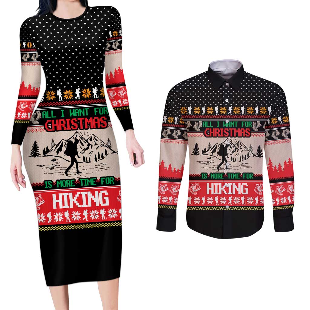 Hiking Christmas Couples Matching Long Sleeve Bodycon Dress and Long Sleeve Button Shirt with Mountains Trees and Winter Holiday Pattern - Wonder Print Shop