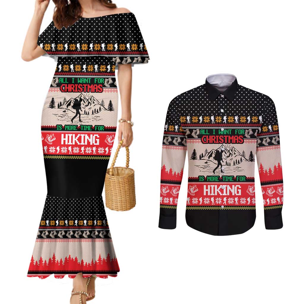 Hiking Christmas Couples Matching Mermaid Dress and Long Sleeve Button Shirt with Mountains Trees and Winter Holiday Pattern - Wonder Print Shop