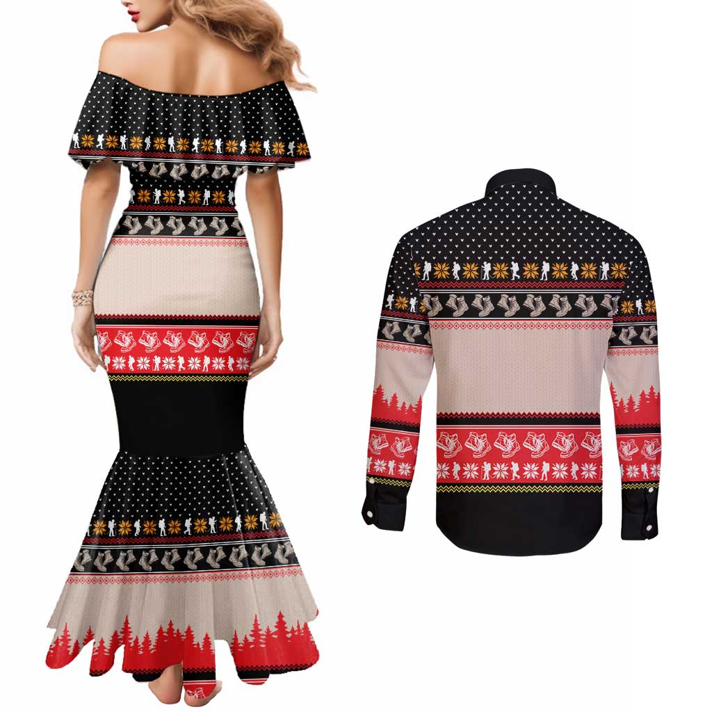 Hiking Christmas Couples Matching Mermaid Dress and Long Sleeve Button Shirt with Mountains Trees and Winter Holiday Pattern - Wonder Print Shop