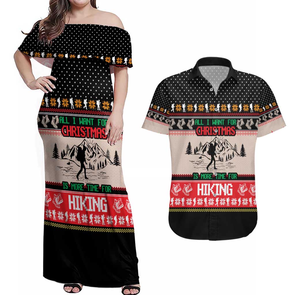 Hiking Christmas Couples Matching Off Shoulder Maxi Dress and Hawaiian Shirt with Mountains Trees and Winter Holiday Pattern - Wonder Print Shop