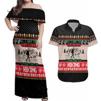 Hiking Christmas Couples Matching Off Shoulder Maxi Dress and Hawaiian Shirt with Mountains Trees and Winter Holiday Pattern - Wonder Print Shop