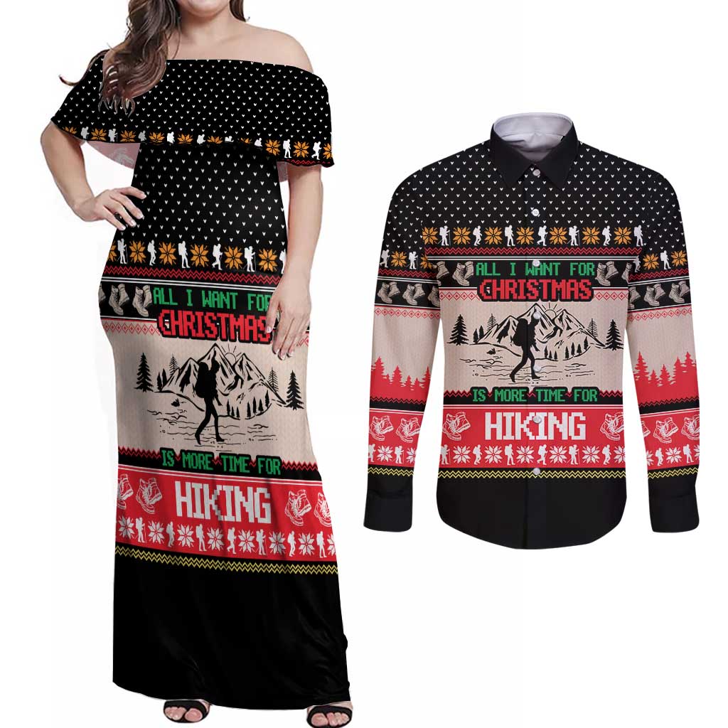 Hiking Christmas Couples Matching Off Shoulder Maxi Dress and Long Sleeve Button Shirt with Mountains Trees and Winter Holiday Pattern - Wonder Print Shop