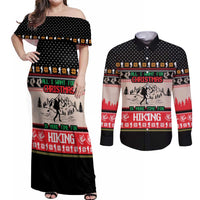 Hiking Christmas Couples Matching Off Shoulder Maxi Dress and Long Sleeve Button Shirt with Mountains Trees and Winter Holiday Pattern - Wonder Print Shop