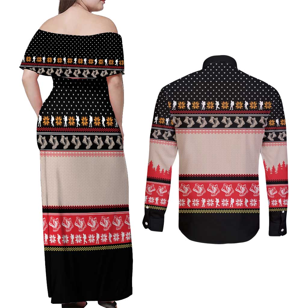 Hiking Christmas Couples Matching Off Shoulder Maxi Dress and Long Sleeve Button Shirt with Mountains Trees and Winter Holiday Pattern - Wonder Print Shop