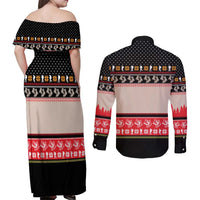 Hiking Christmas Couples Matching Off Shoulder Maxi Dress and Long Sleeve Button Shirt with Mountains Trees and Winter Holiday Pattern - Wonder Print Shop
