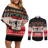 Hiking Christmas Couples Matching Off Shoulder Short Dress and Long Sleeve Button Shirt with Mountains Trees and Winter Holiday Pattern - Wonder Print Shop