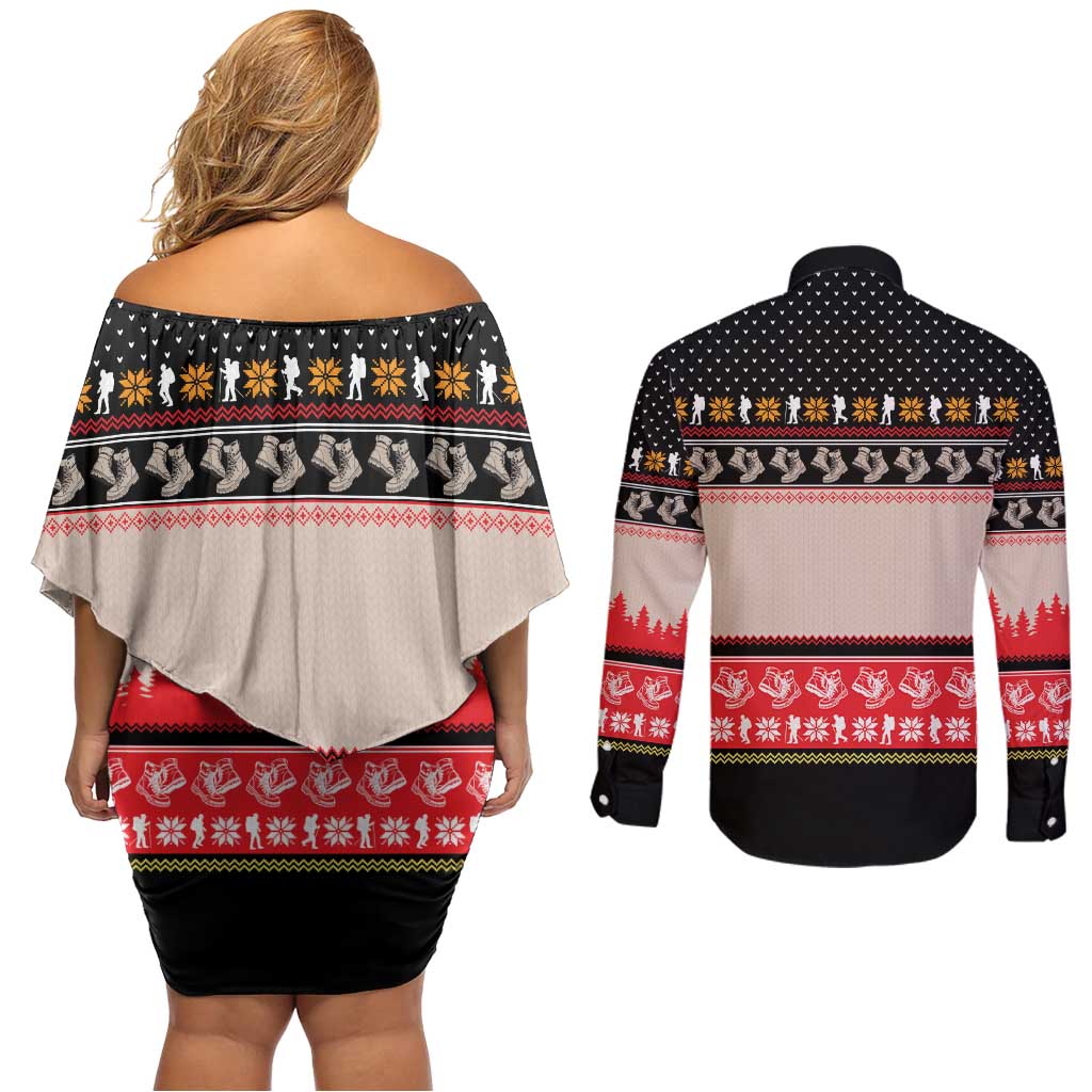 Hiking Christmas Couples Matching Off Shoulder Short Dress and Long Sleeve Button Shirt with Mountains Trees and Winter Holiday Pattern - Wonder Print Shop