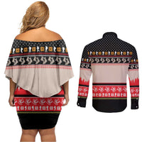 Hiking Christmas Couples Matching Off Shoulder Short Dress and Long Sleeve Button Shirt with Mountains Trees and Winter Holiday Pattern - Wonder Print Shop