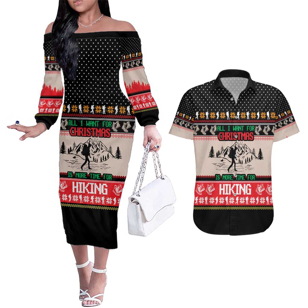 Hiking Christmas Couples Matching Off The Shoulder Long Sleeve Dress and Hawaiian Shirt with Mountains Trees and Winter Holiday Pattern - Wonder Print Shop