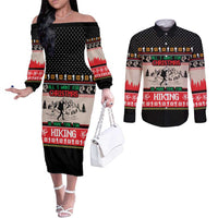 Hiking Christmas Couples Matching Off The Shoulder Long Sleeve Dress and Long Sleeve Button Shirt with Mountains Trees and Winter Holiday Pattern - Wonder Print Shop