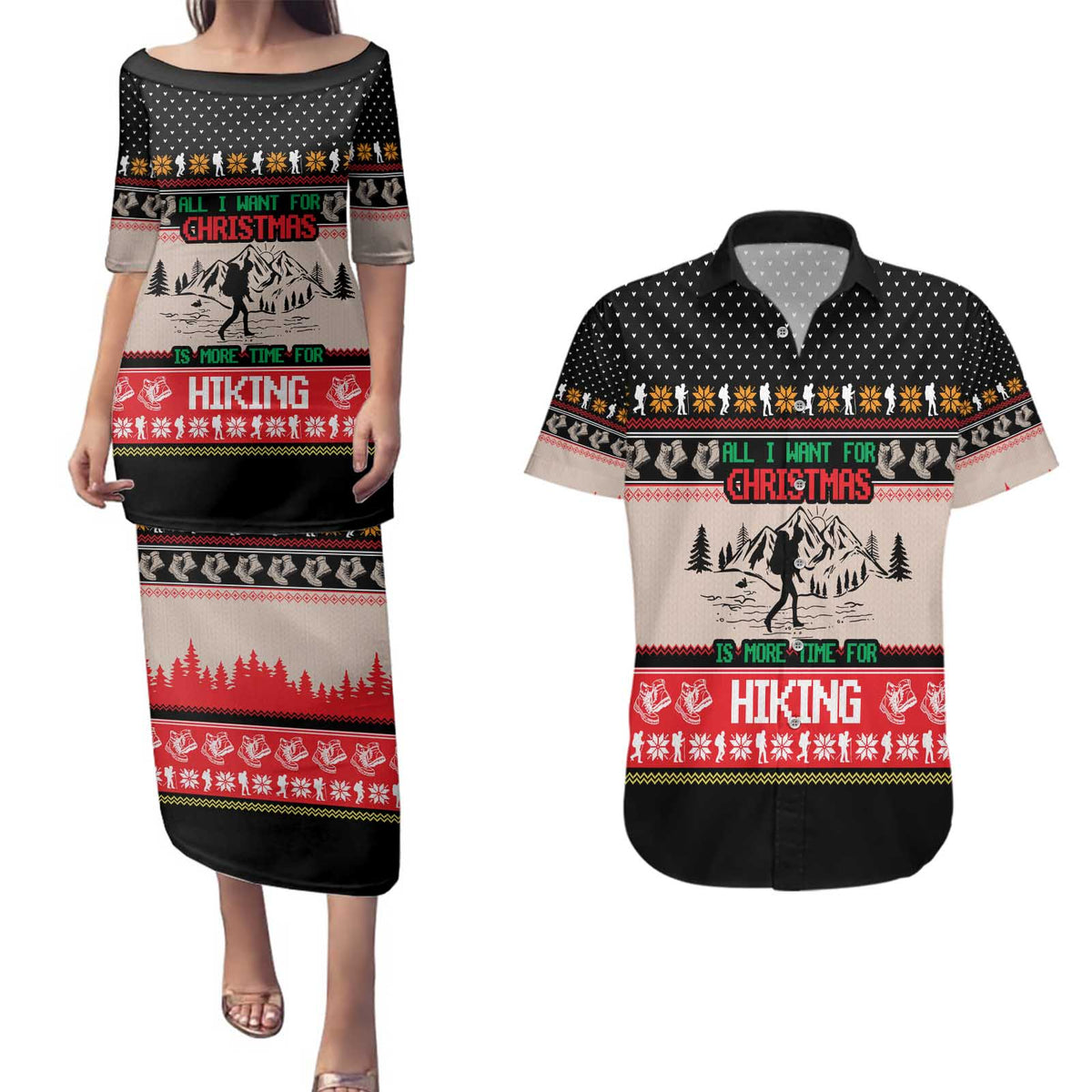 Hiking Christmas Couples Matching Puletasi and Hawaiian Shirt with Mountains Trees and Winter Holiday Pattern - Wonder Print Shop