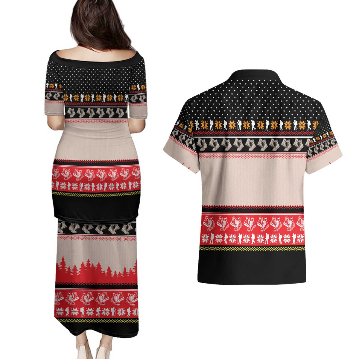 Hiking Christmas Couples Matching Puletasi and Hawaiian Shirt with Mountains Trees and Winter Holiday Pattern - Wonder Print Shop