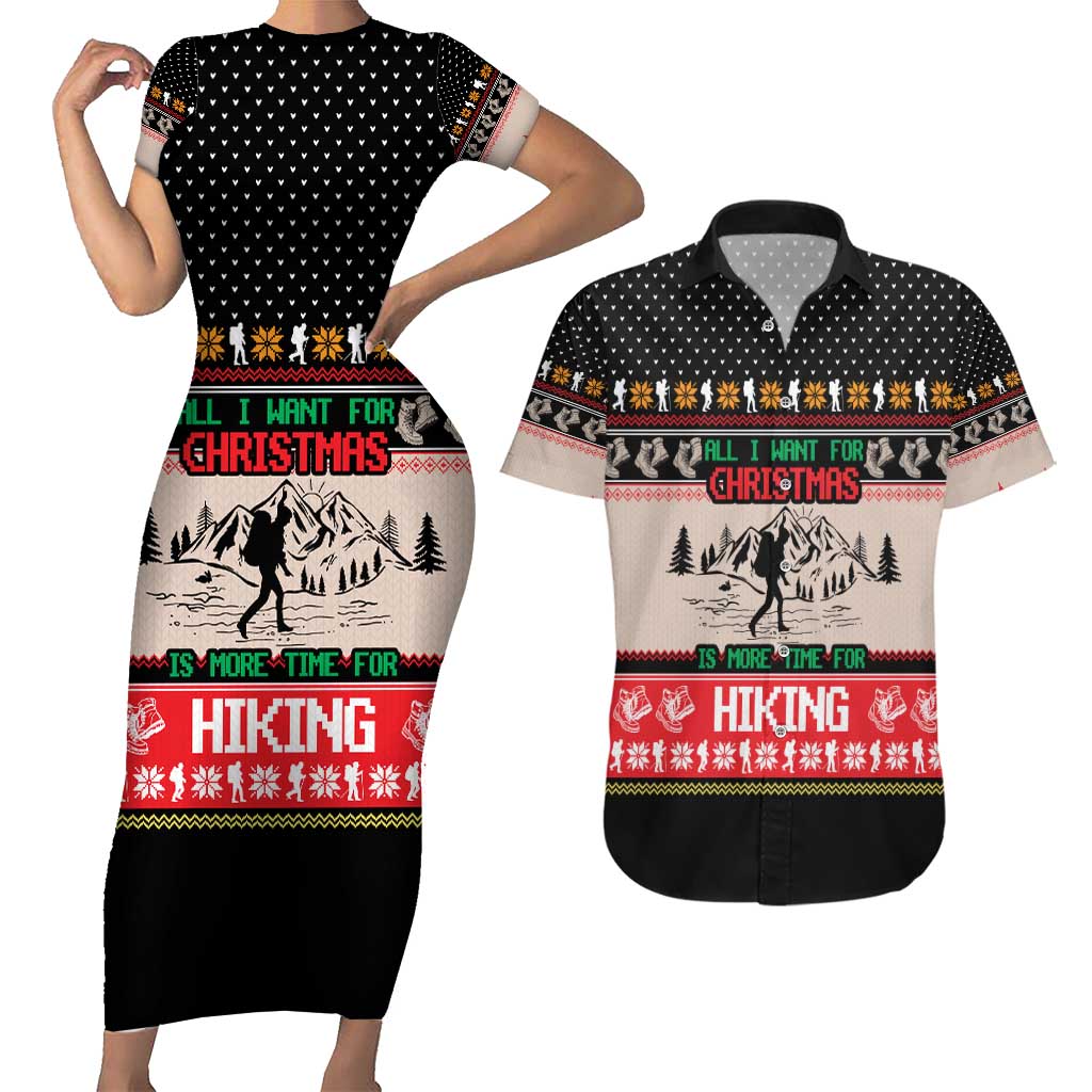 Hiking Christmas Couples Matching Short Sleeve Bodycon Dress and Hawaiian Shirt with Mountains Trees and Winter Holiday Pattern - Wonder Print Shop