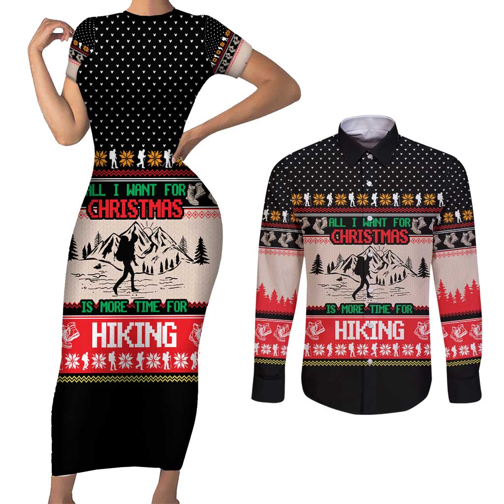 Hiking Christmas Couples Matching Short Sleeve Bodycon Dress and Long Sleeve Button Shirt with Mountains Trees and Winter Holiday Pattern - Wonder Print Shop