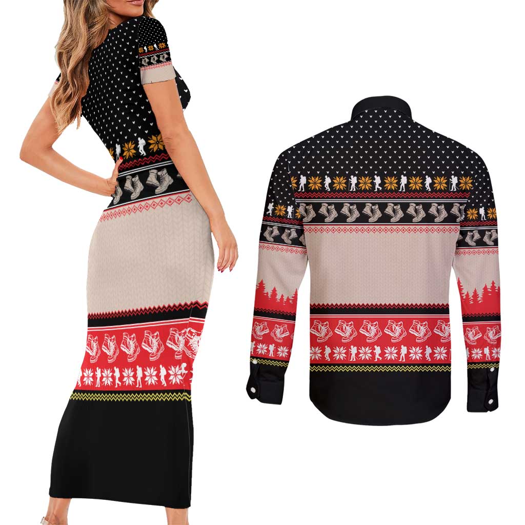 Hiking Christmas Couples Matching Short Sleeve Bodycon Dress and Long Sleeve Button Shirt with Mountains Trees and Winter Holiday Pattern - Wonder Print Shop