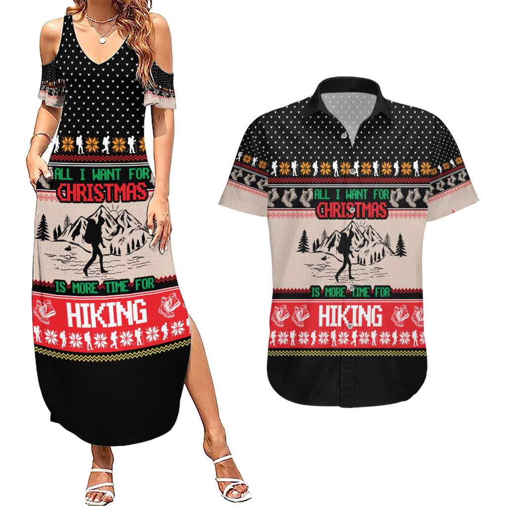 Hiking Christmas Couples Matching Summer Maxi Dress and Hawaiian Shirt with Mountains Trees and Winter Holiday Pattern - Wonder Print Shop