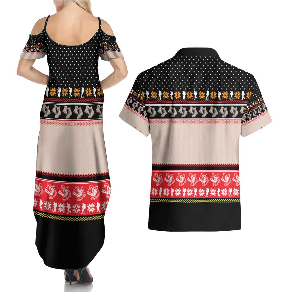 Hiking Christmas Couples Matching Summer Maxi Dress and Hawaiian Shirt with Mountains Trees and Winter Holiday Pattern - Wonder Print Shop