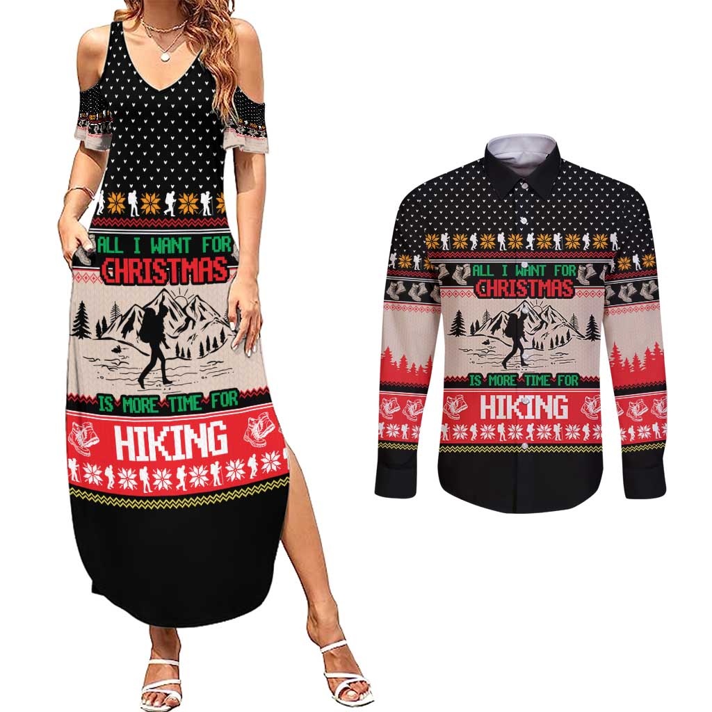 Hiking Christmas Couples Matching Summer Maxi Dress and Long Sleeve Button Shirt with Mountains Trees and Winter Holiday Pattern - Wonder Print Shop