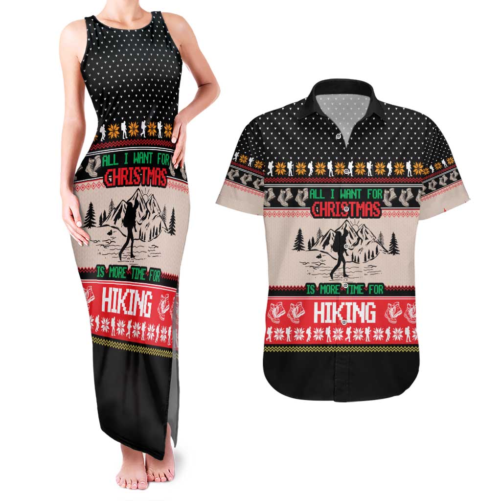 Hiking Christmas Couples Matching Tank Maxi Dress and Hawaiian Shirt with Mountains Trees and Winter Holiday Pattern - Wonder Print Shop