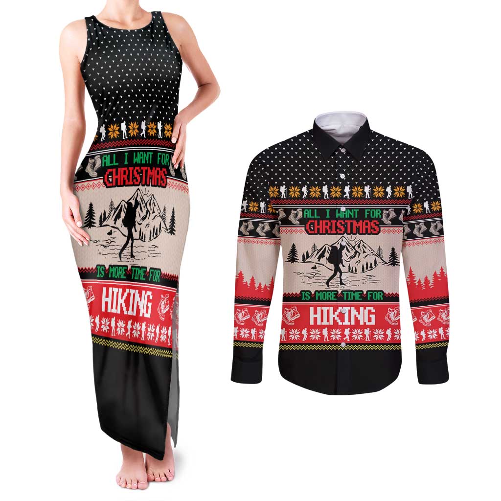 Hiking Christmas Couples Matching Tank Maxi Dress and Long Sleeve Button Shirt with Mountains Trees and Winter Holiday Pattern - Wonder Print Shop