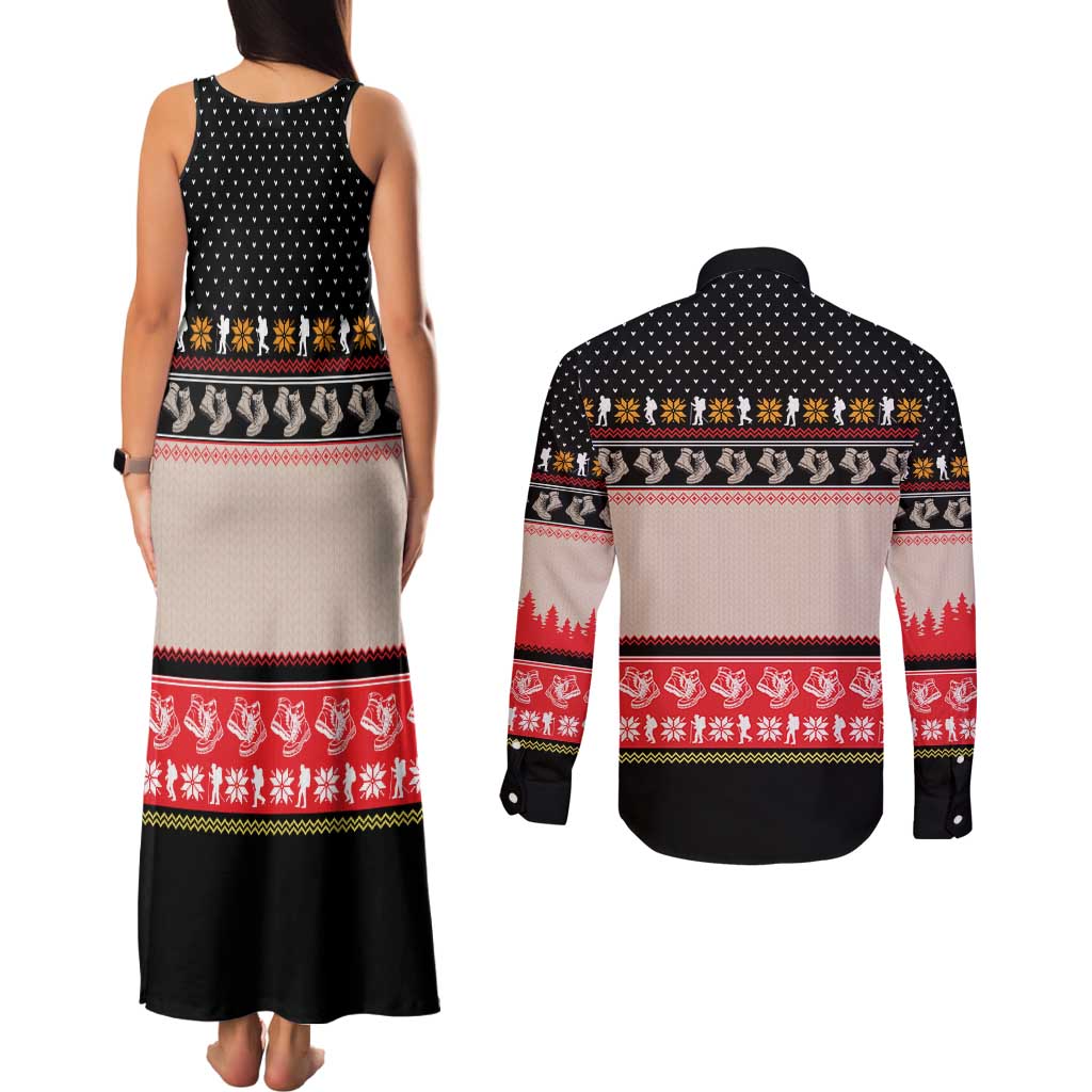 Hiking Christmas Couples Matching Tank Maxi Dress and Long Sleeve Button Shirt with Mountains Trees and Winter Holiday Pattern - Wonder Print Shop