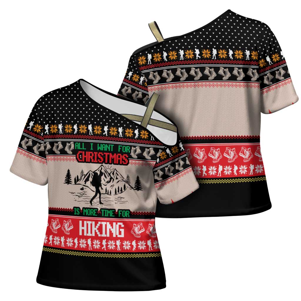 Hiking Christmas Cross Shoulder Shirt with Mountains Trees and Winter Holiday Pattern - Wonder Print Shop