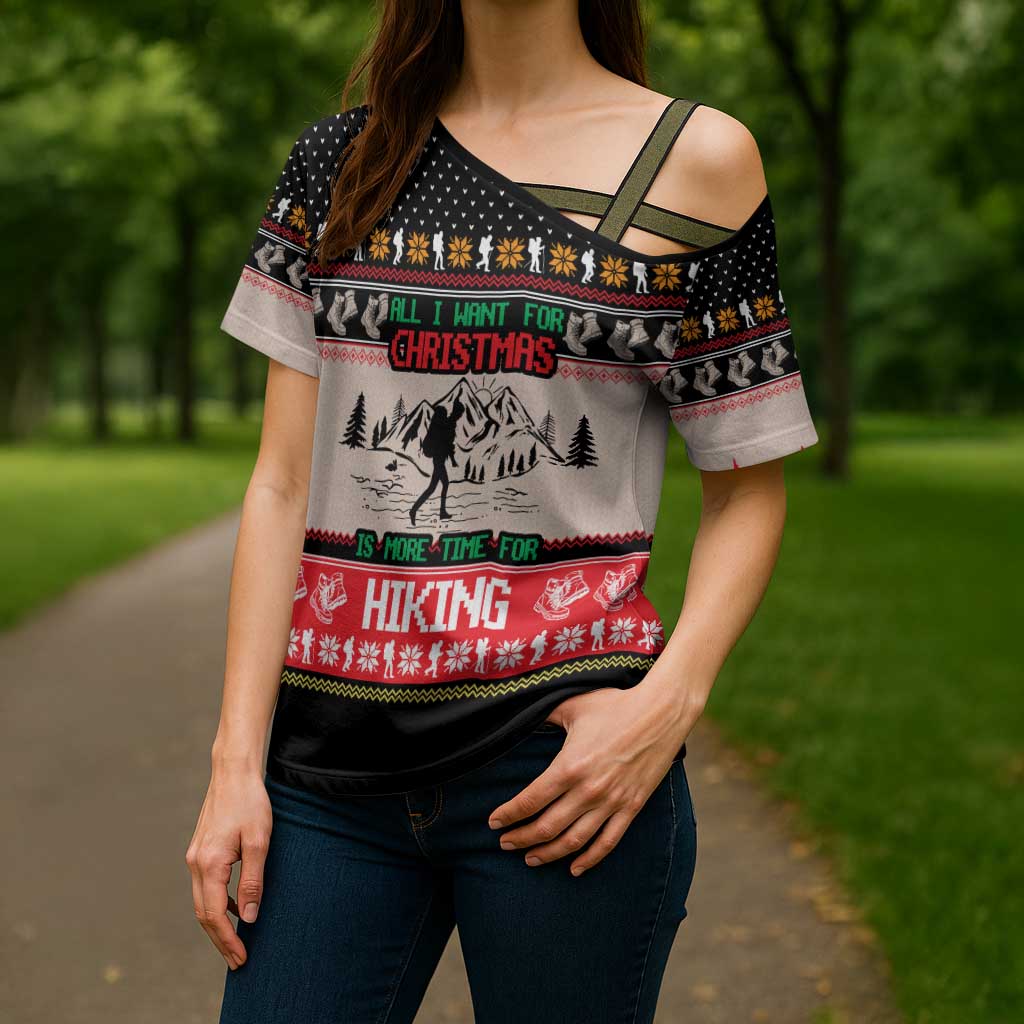 Hiking Christmas Cross Shoulder Shirt with Mountains Trees and Winter Holiday Pattern - Wonder Print Shop
