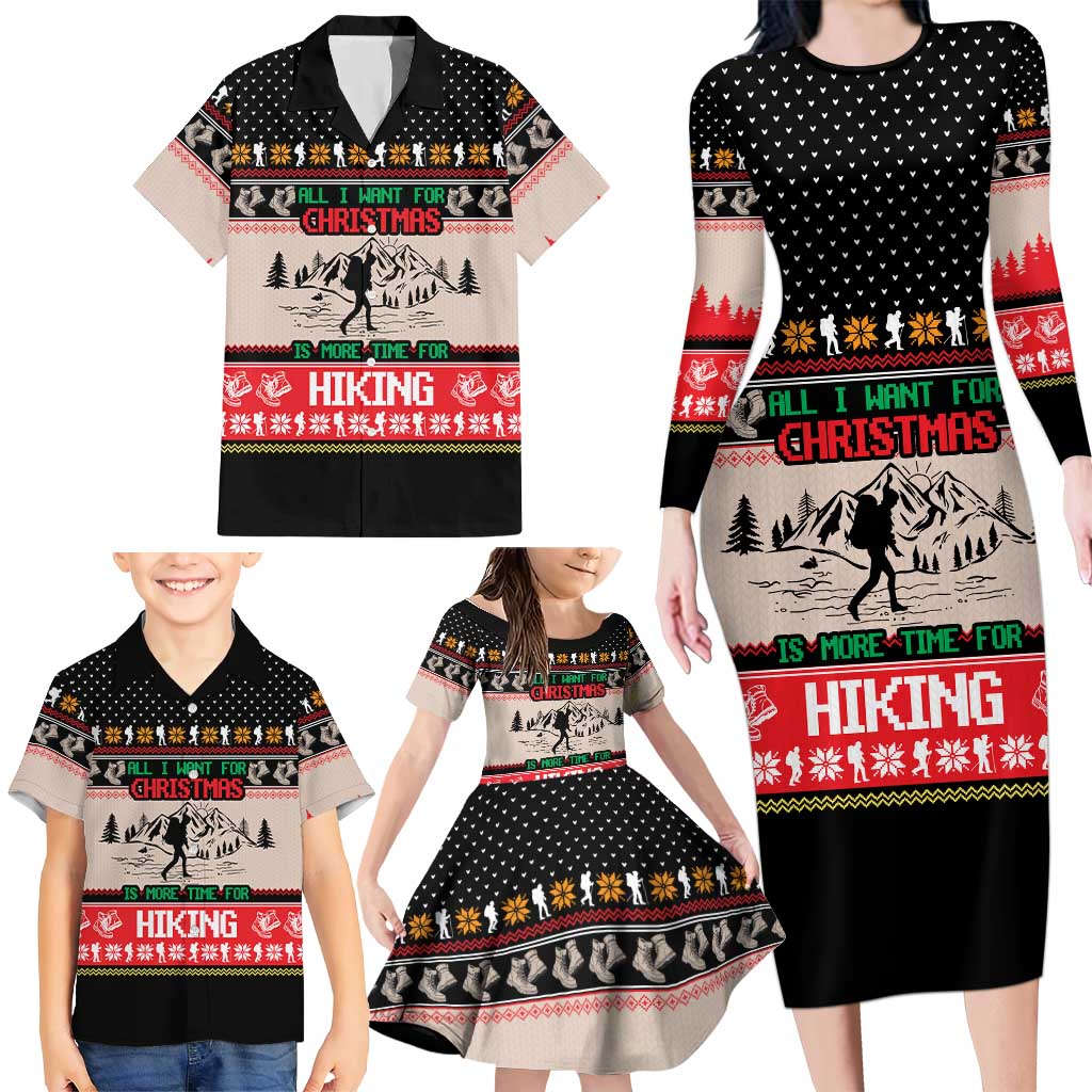 Hiking Christmas Family Matching Long Sleeve Bodycon Dress and Hawaiian Shirt with Mountains Trees and Winter Holiday Pattern - Wonder Print Shop