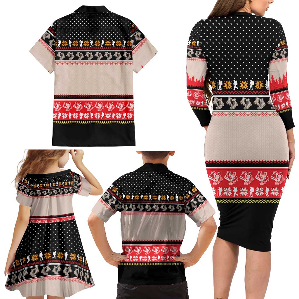Hiking Christmas Family Matching Long Sleeve Bodycon Dress and Hawaiian Shirt with Mountains Trees and Winter Holiday Pattern - Wonder Print Shop