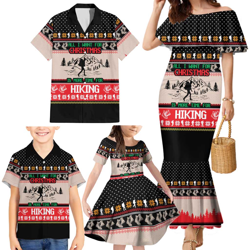 Hiking Christmas Family Matching Mermaid Dress and Hawaiian Shirt with Mountains Trees and Winter Holiday Pattern - Wonder Print Shop