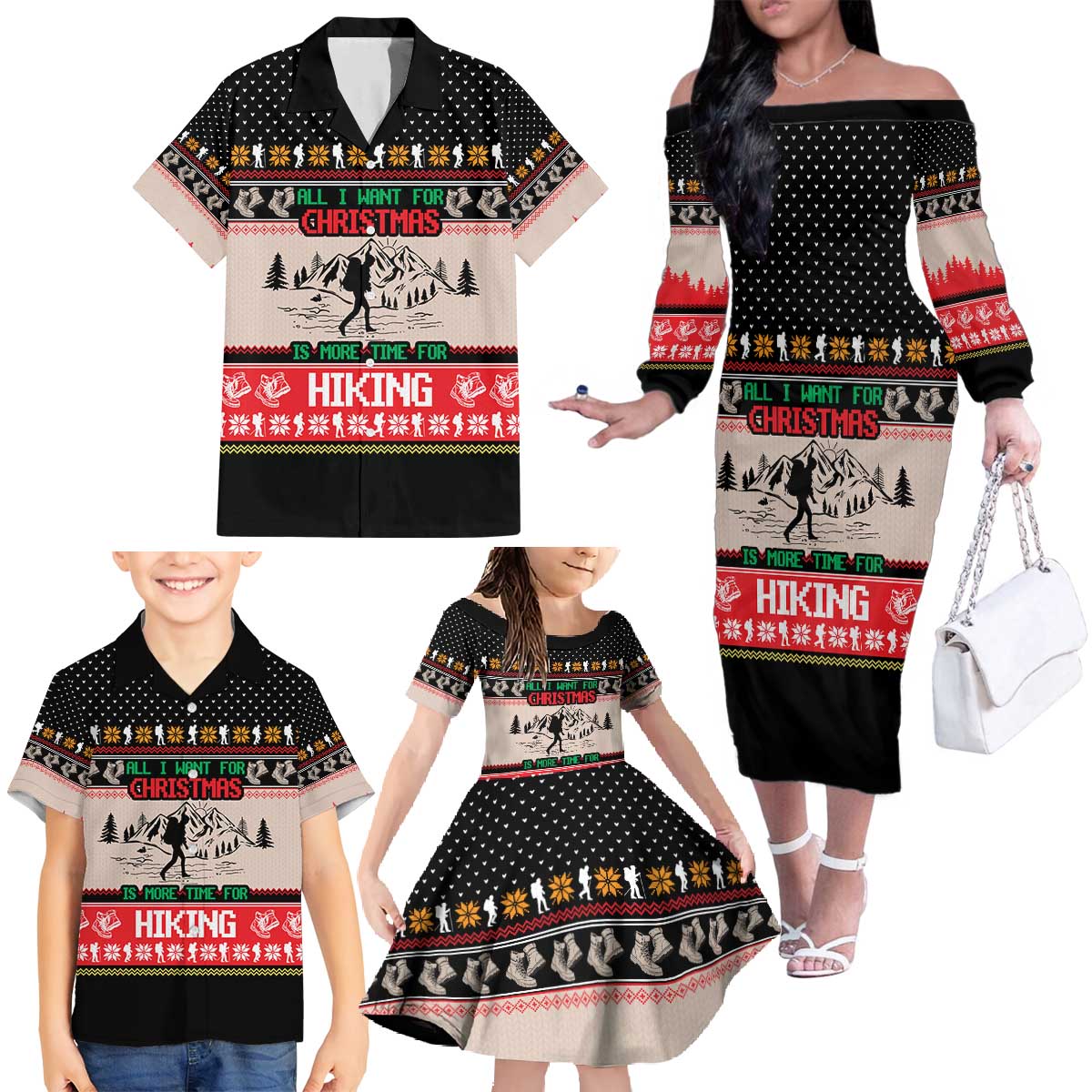 Hiking Christmas Family Matching Off The Shoulder Long Sleeve Dress and Hawaiian Shirt with Mountains Trees and Winter Holiday Pattern - Wonder Print Shop
